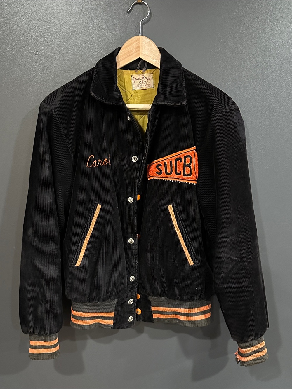 Vintage Park Regal Brown Corduroy Bomber Varsity Jacket with Orange Trim